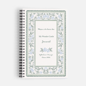 The front cover of the Wonder Castle Journal Fall collection by Whispers at the Garden Gate, featuring a continuous heritage sage green background adorned with a delicate, vintage-inspired periwinkle blue botanical frame and elegant central typography.